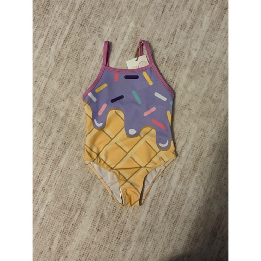 Girls Ice Cream Cone One Piece Swimsuit Purple Sprinkles Waffle 2T NWT